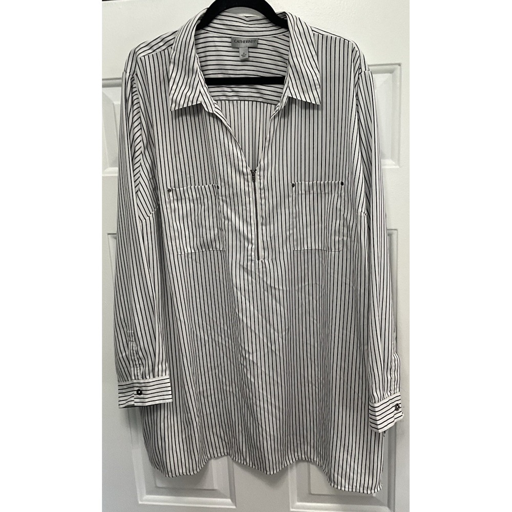 Catherines Top Blouse Black Striped Long Sleeve Zip Neck Pullover Pockets 3X